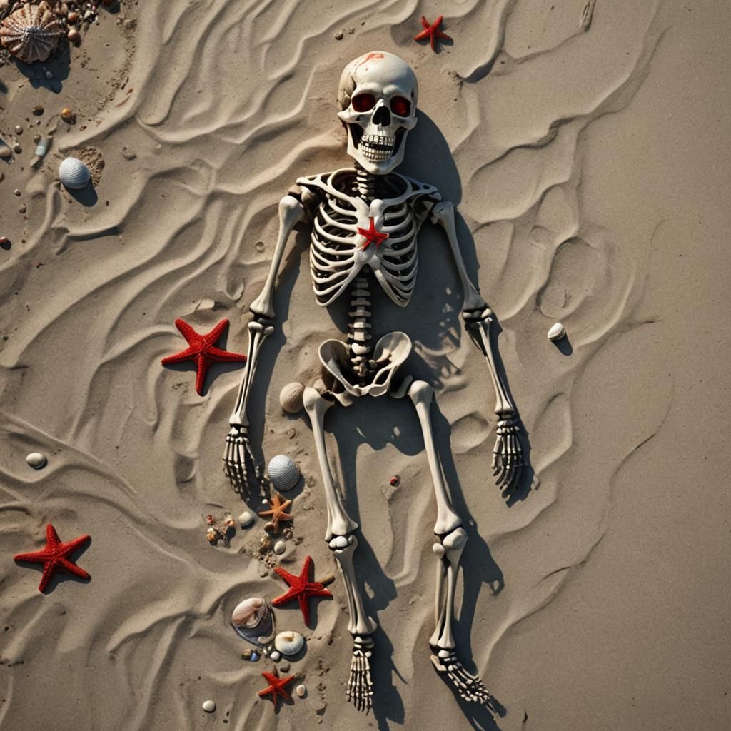 Surreal Skeleton on Beach with Starfish Eyes