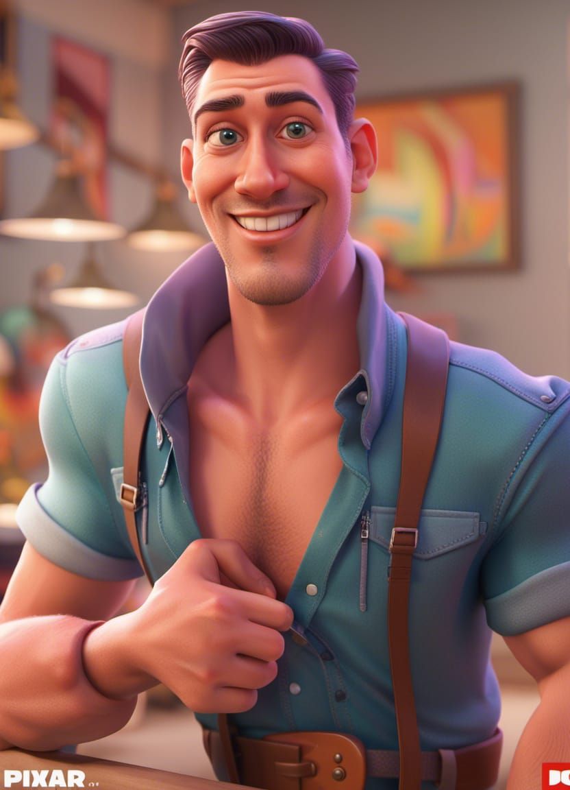 Hyper-Realistic 3D Male Pin-Up in Pixar Style