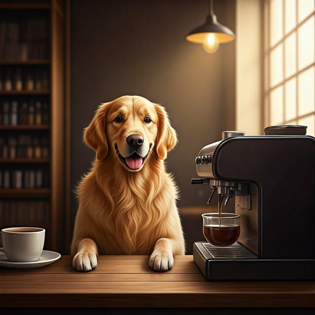 Golden Retriever Barista in a Cozy Café Setting