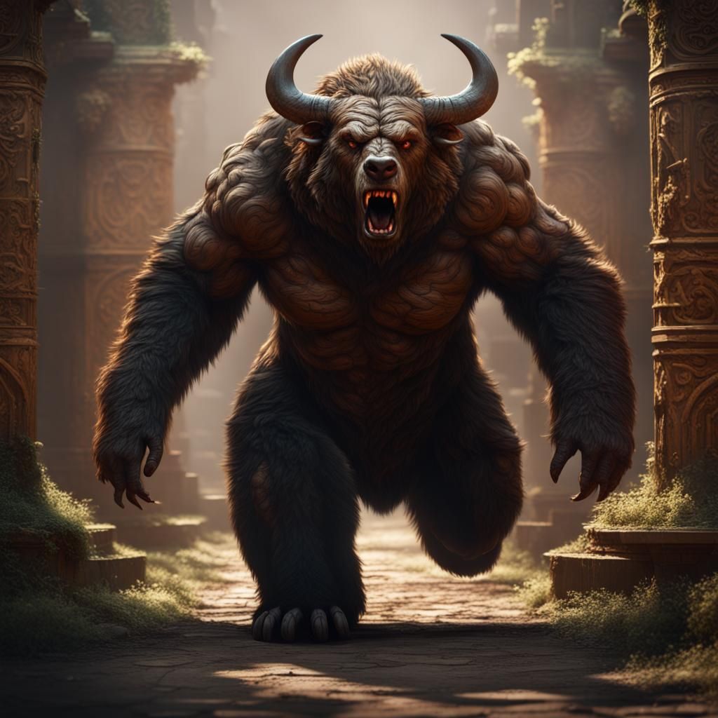Angry Bear-Furred Minotaur in Maze: Matte Painting