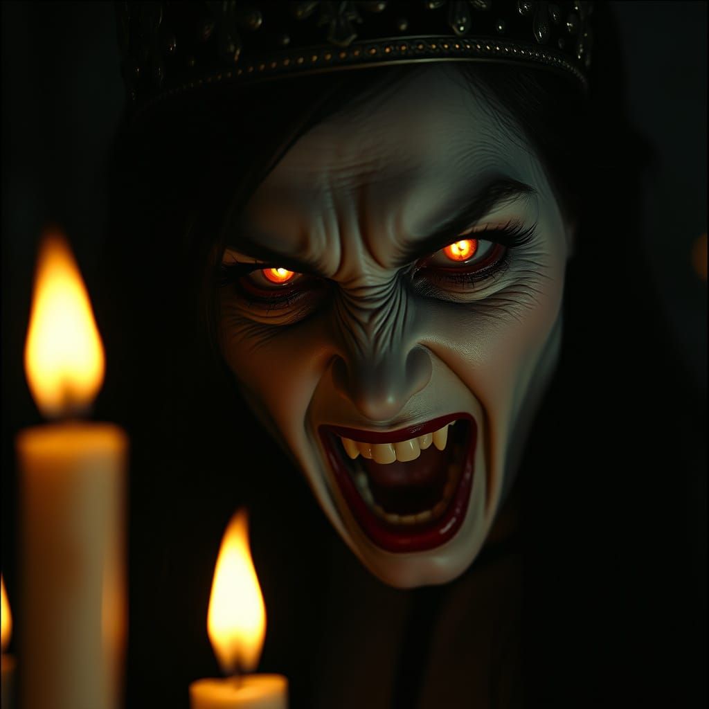 Screaming Vampire Queen in Dark, Cinematic Close-Up