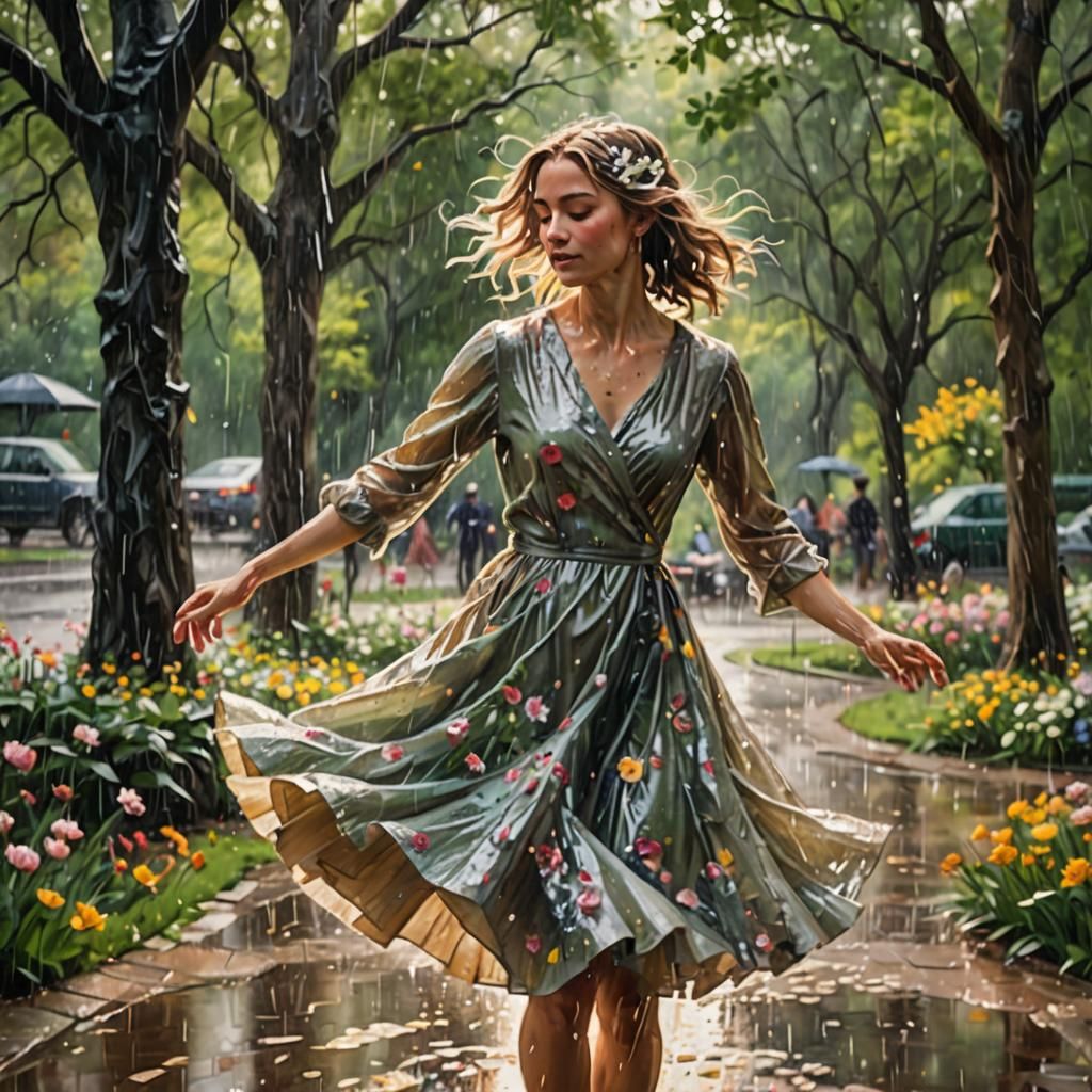 Woman Dancing in Rain as Impressionist Painting