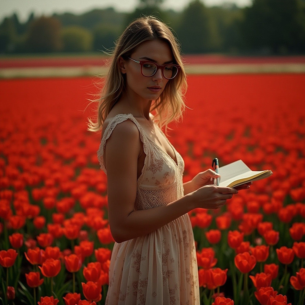 Woman in Red Tulips, Cinematic Golden Light