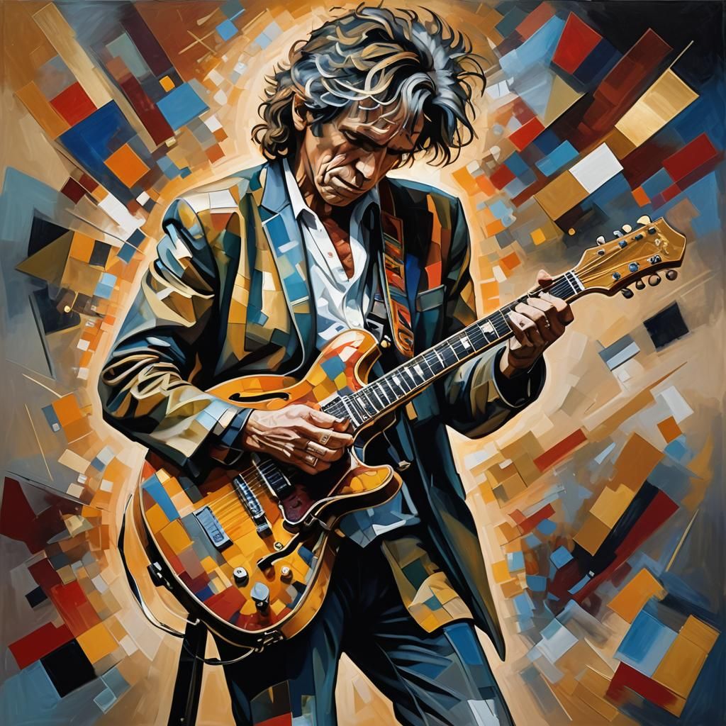 Cubist Painting of Guitarist in Smoky Room