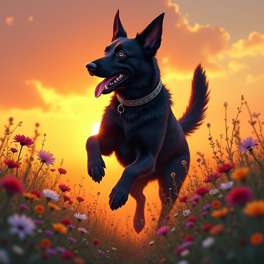 Ethereal Black German Shepherd Leaps Amidst Vibrant Floral L...