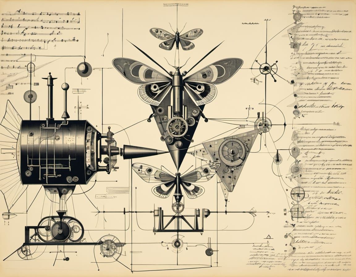Clockwork Moth Machine Schematic in Surrealist Style