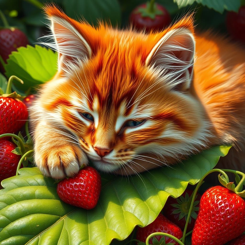 Hyper Realistic Strawberry Cat in a Verdant Garden
