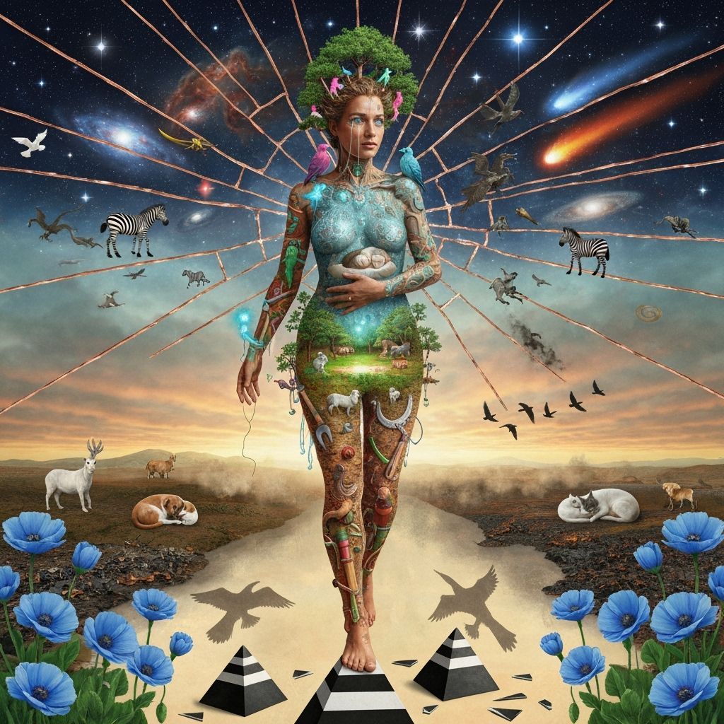 Mystical Woman on Pyramids, Cosmic Collage Art