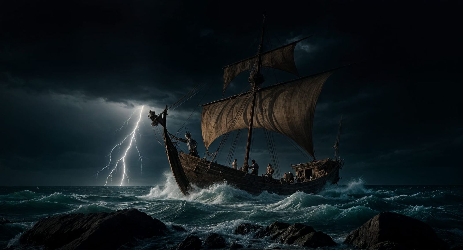 Old Dhow Battles Stormy Seas Under Lightning Sky