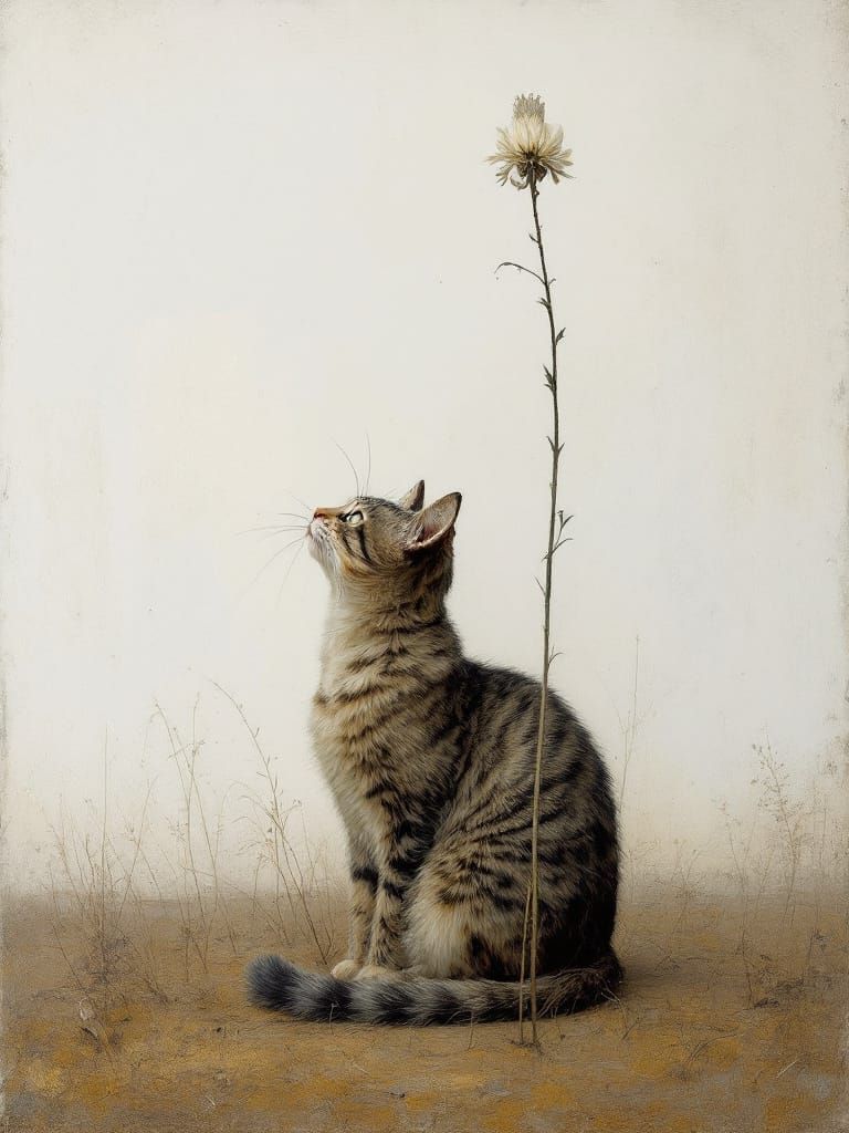 Cat Under Tall Flower in Textured, Atmospheric Style