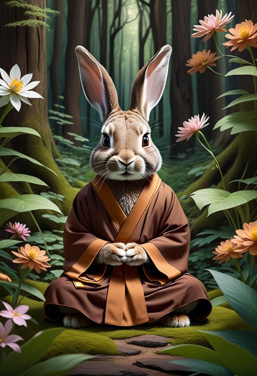 Meditating Rabbit in Magical Forest