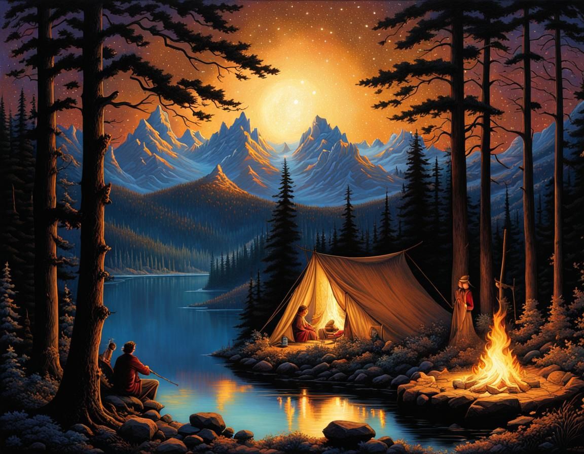 Campfire Under Twinkling Stars in Folk Art Style