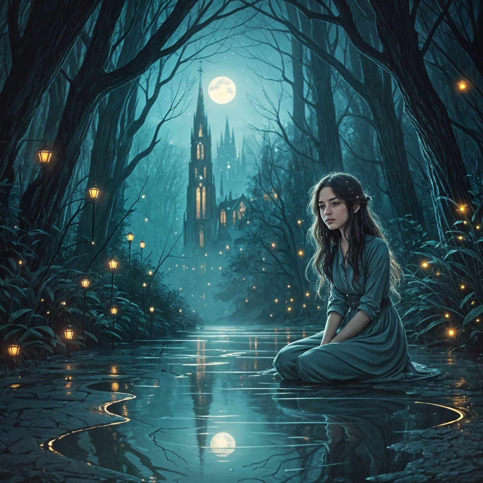 Moonlit Pool: Mystical Scene in Vintage Style