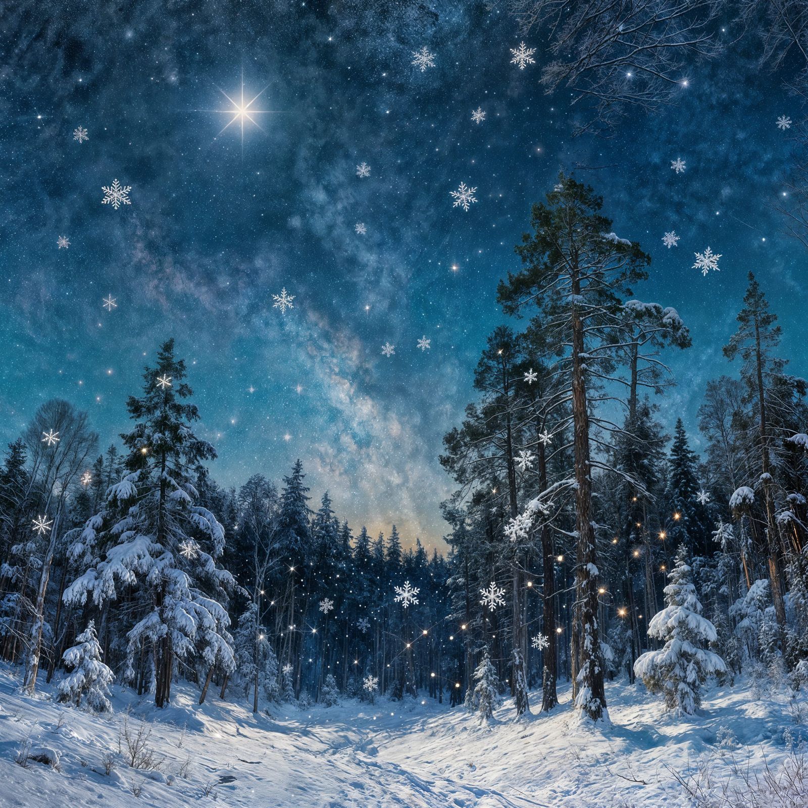 Oiled Masterpiece of Snowy Forest Under North Star Sky
