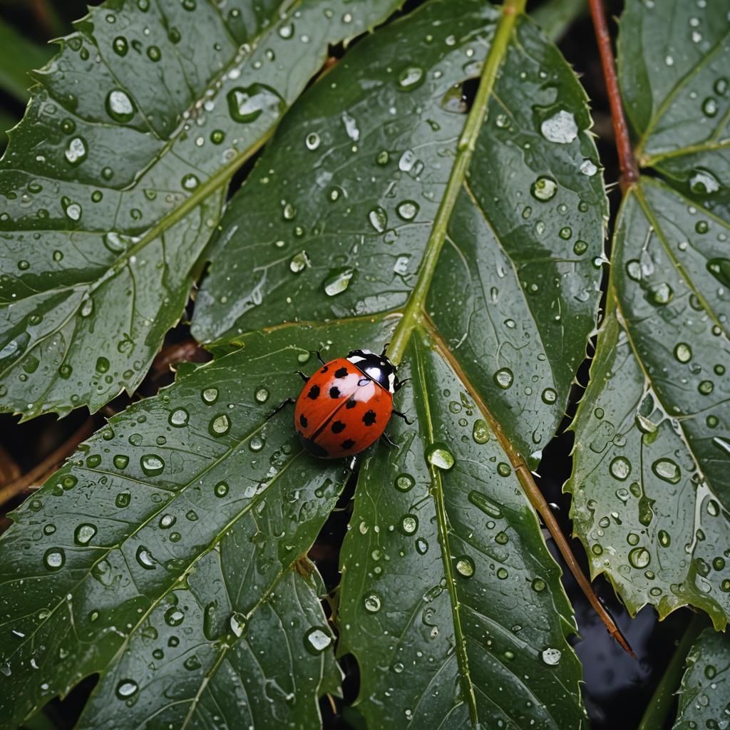 Ladybug on Wet Leaf: Macro Cinematic Still