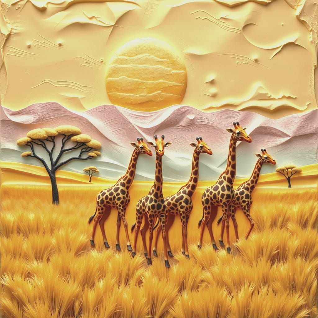 Serengeti Giraffes in Vibrant Embossed Relief on Hand-Painte...