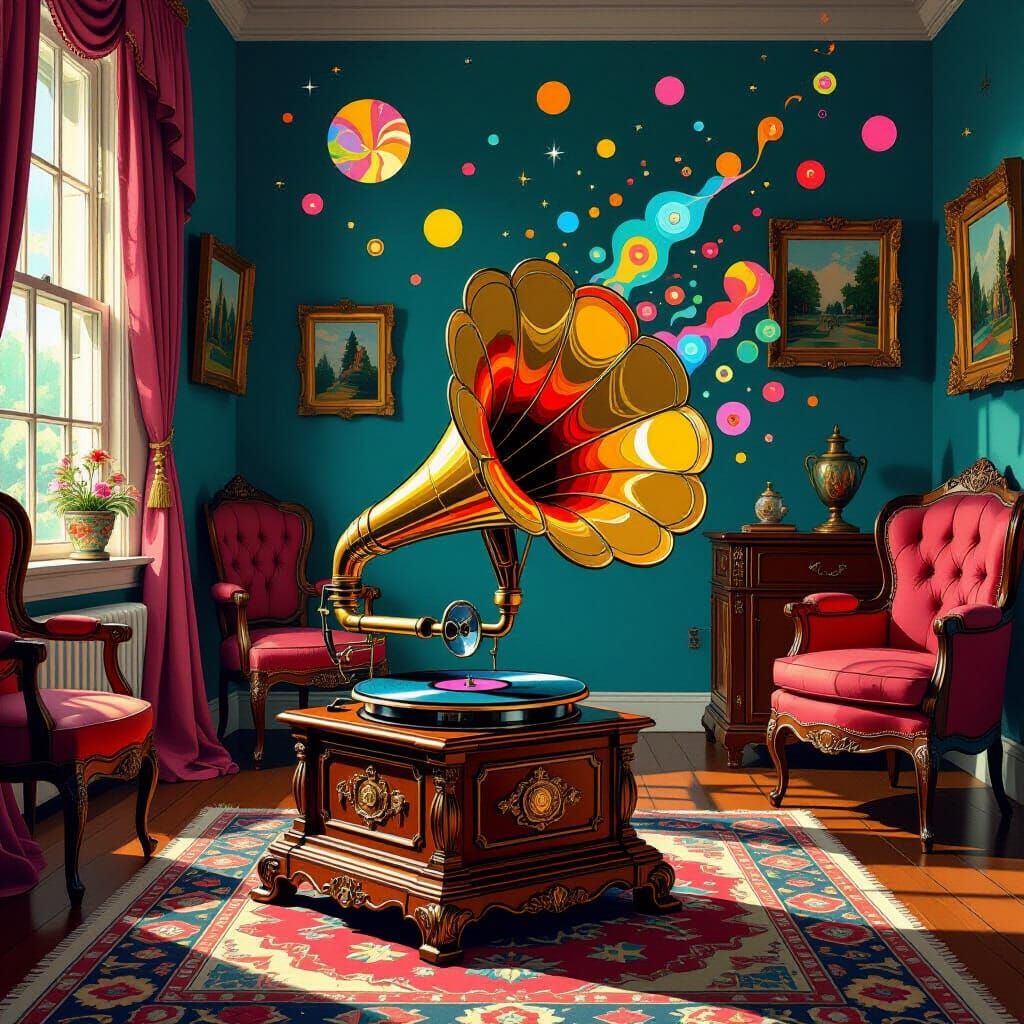 Vintage Gramophone with Floating Abstract Music Shapes