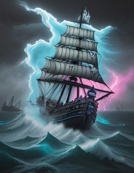 Ghostly Pirate Ship on Raging Ocean, Graffiti Art
