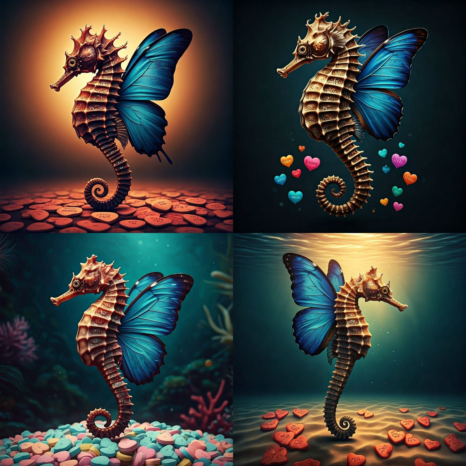 Glistening Coral Seahorse with Vibrant Butterfly Wings