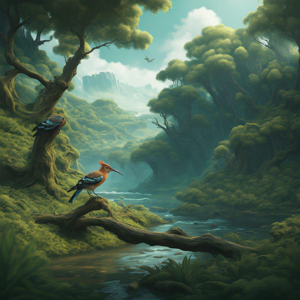 Vibrant Hoopoe in Lush Forest with Flowing River