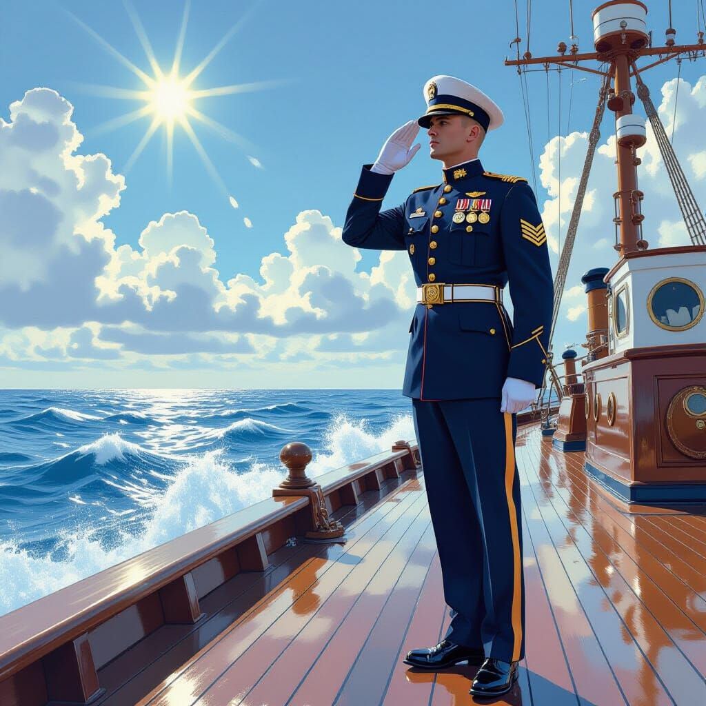 US Coast Guard Officer Salutes on Cutter Deck