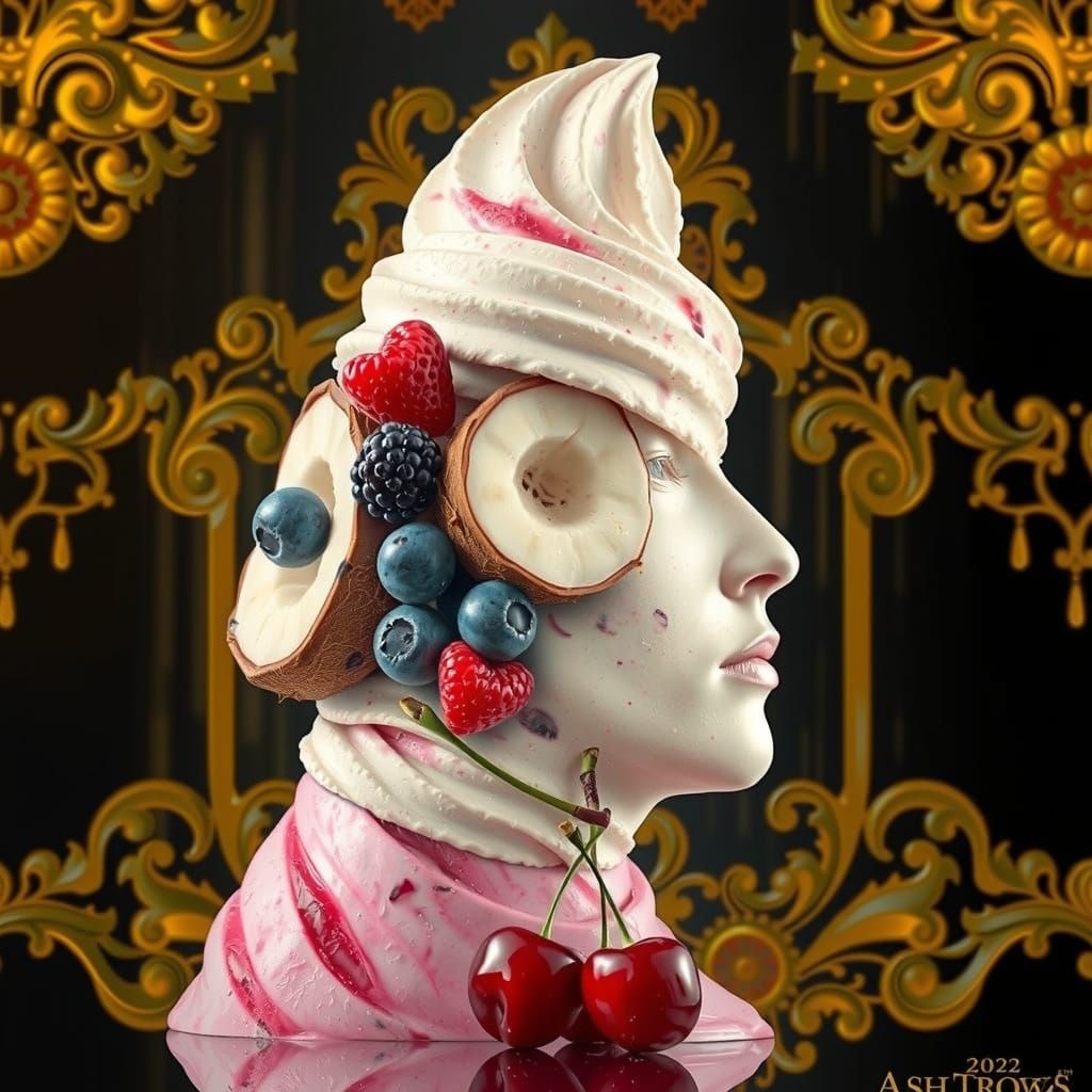 Vibrant Digital Art of Ice Cream Face with Fruits