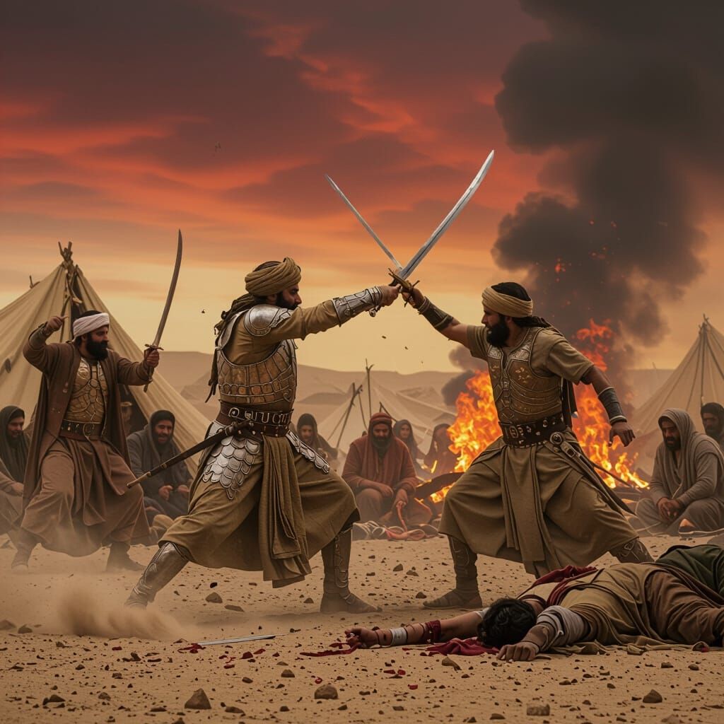 Epic Battle Scene with Imam Hussain in Desert Landscape