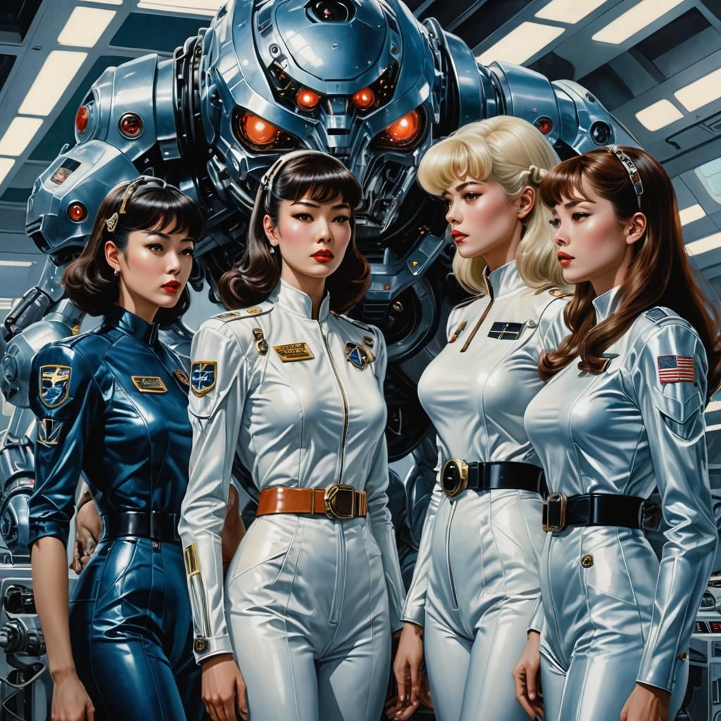 Retro Sci-Fi Space Women Confronting a Monster