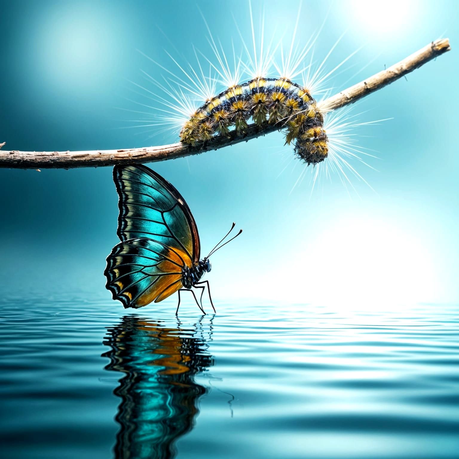Macro Photography of a Caterpillar Reflecting a Butterfly