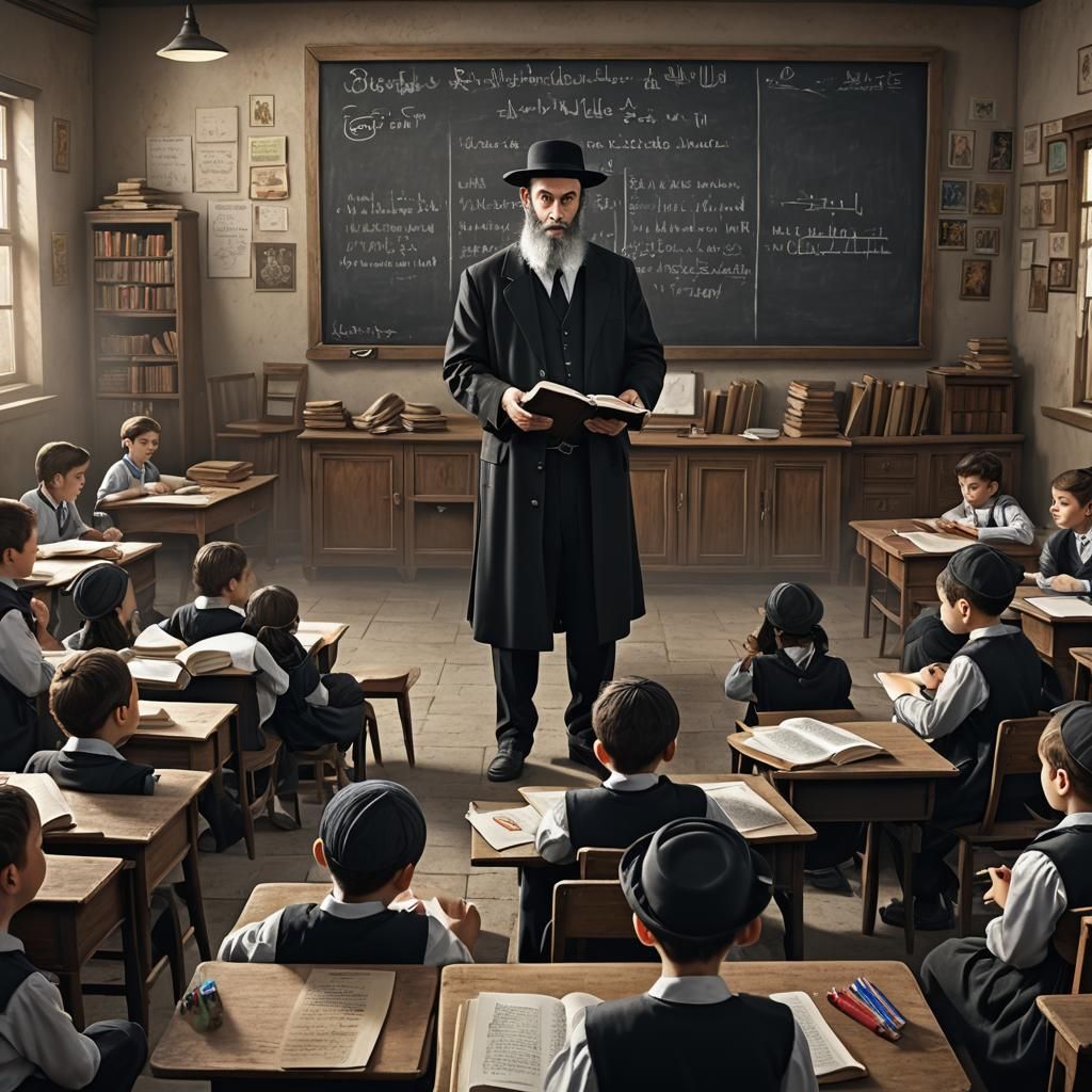 Ultra-Orthodox Teacher in Classroom: Detailed Matte Painting