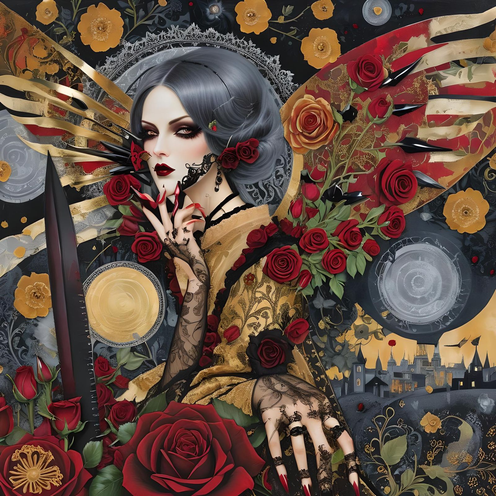Gothic Woman with Roses in Patchwork Mixed Media