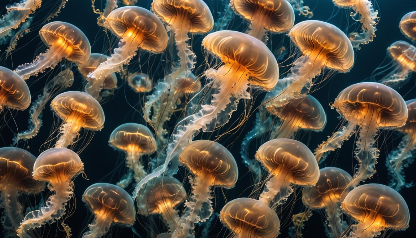 Bioluminescent Jellyfish Swarm in the Deep Ocean