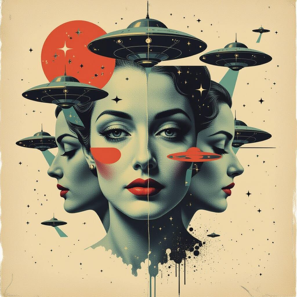 Surreal Vintage Collage with Abstract Shapes and UFO