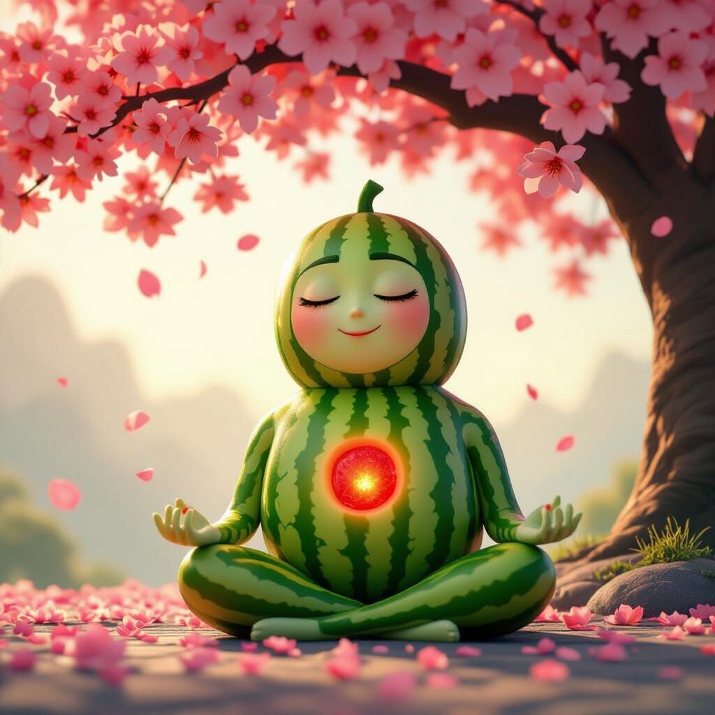 Meditating Watermelon Humanoid Under Cherry Blossom Tree