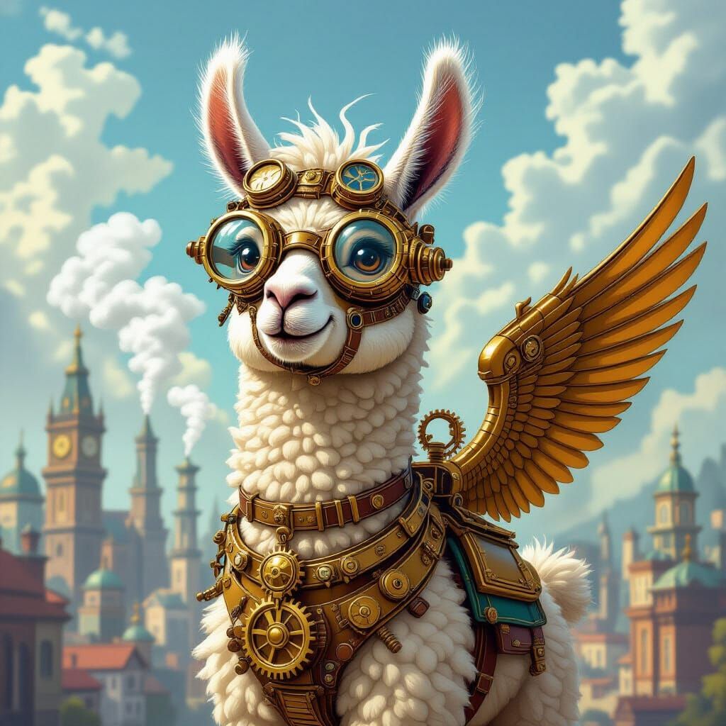Steampunk Llama Inventor in Victorian Cityscape