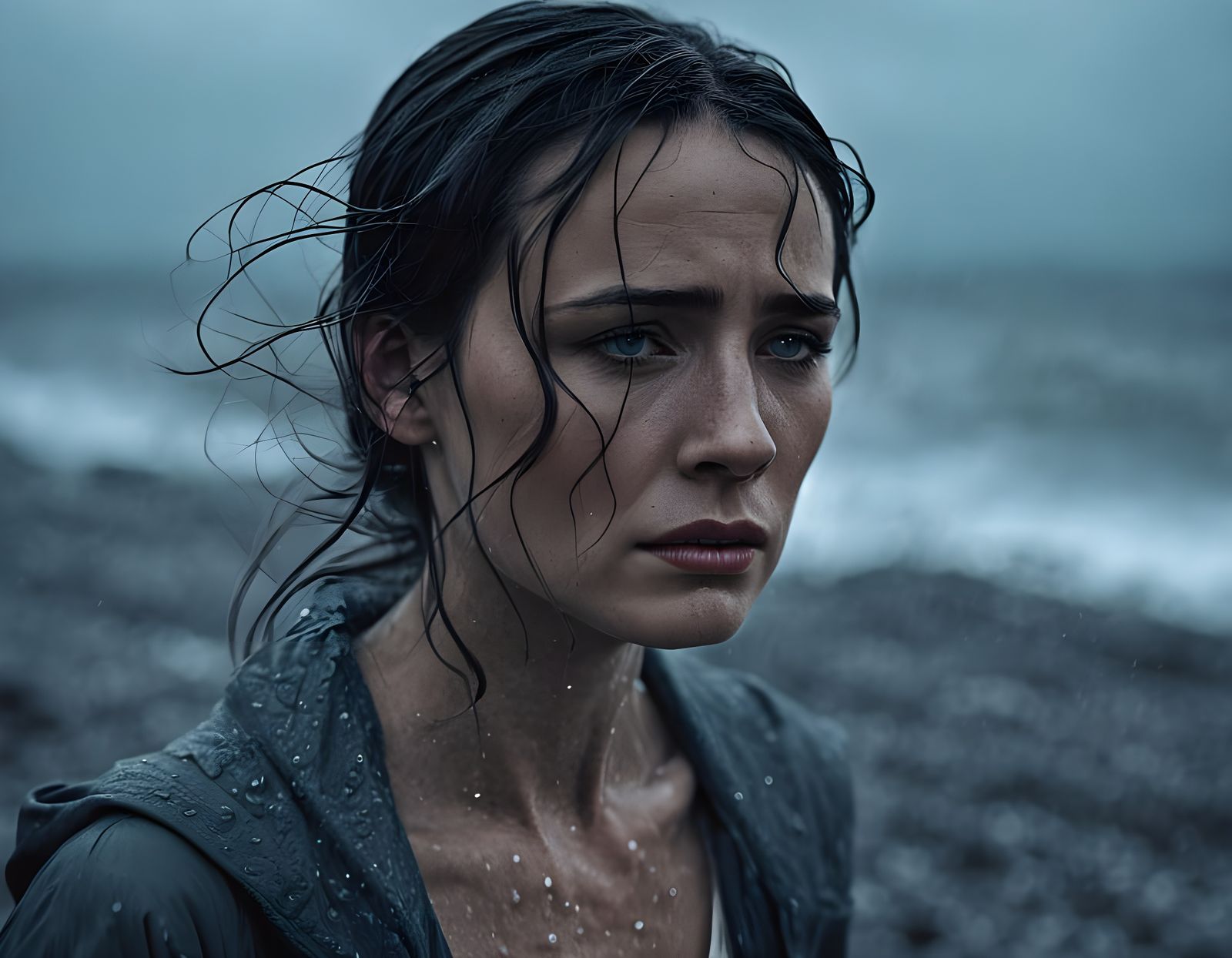 Desolate Beach Scene with Woman in Tears
