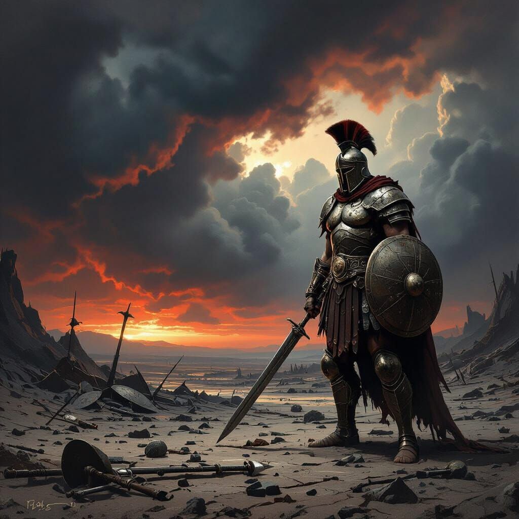 Armored Gladiator on Ash Battlefield in Stormy Sky