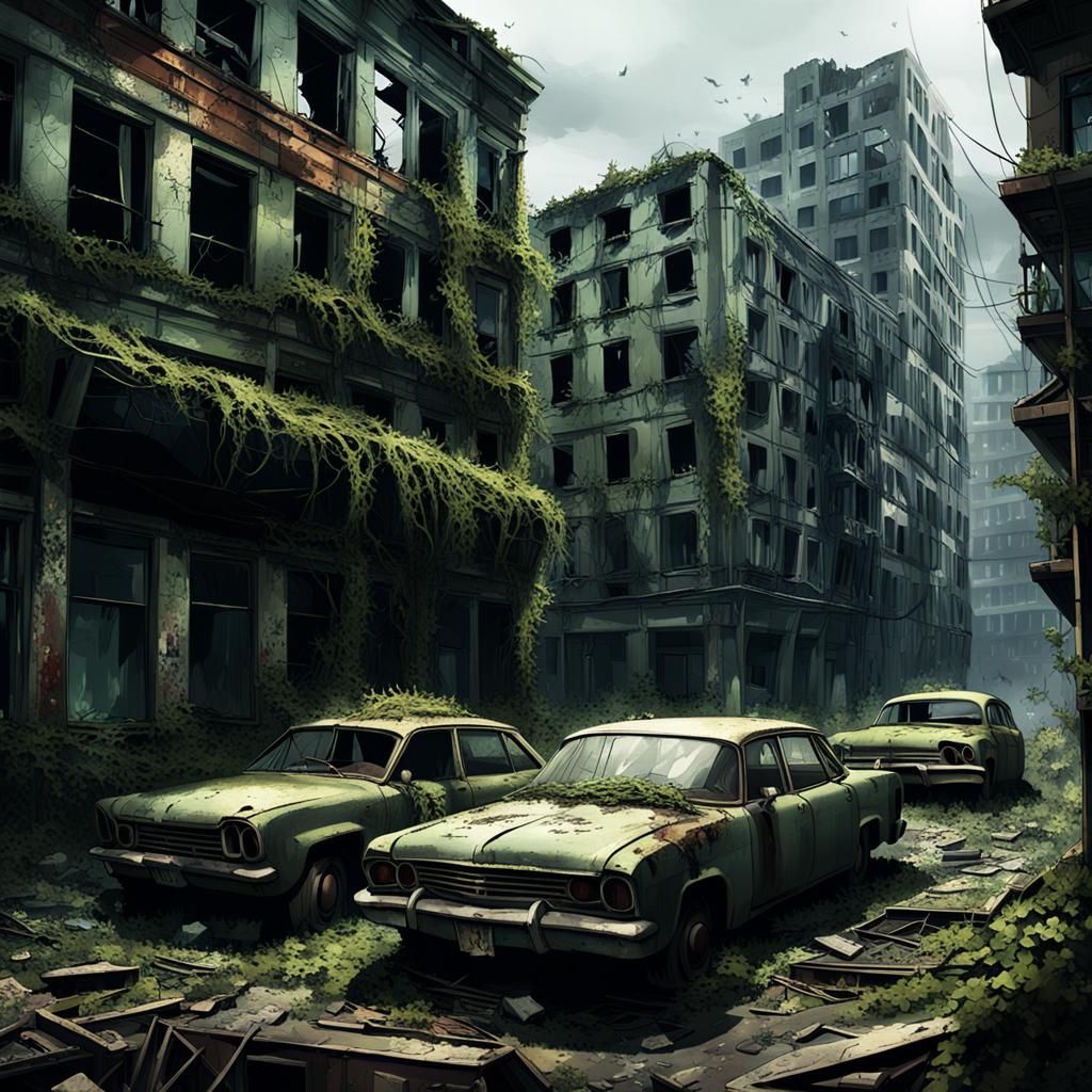 Abandoned Cityscape in Desolate, Post-Apocalyptic Landscape