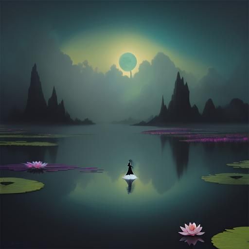 Ethereal Woman in Surreal Lakeside Dreamscape