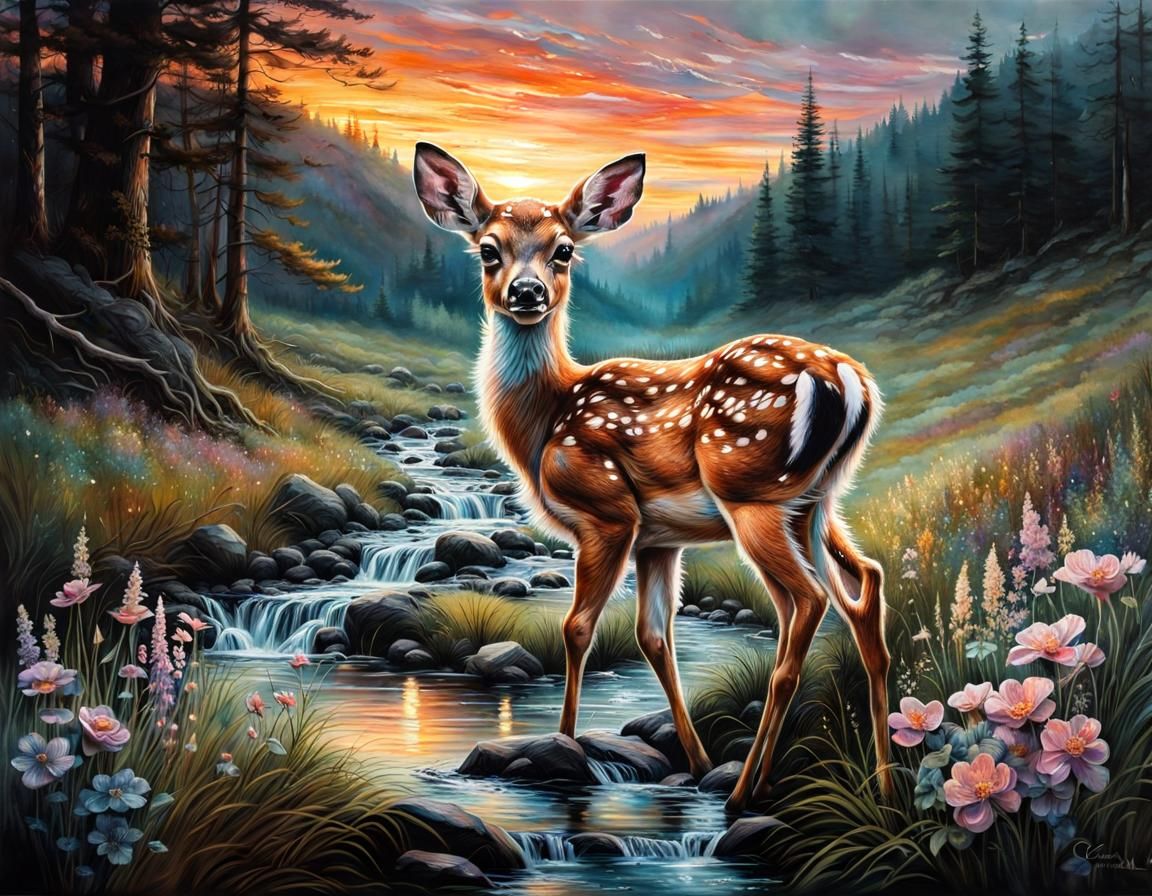 Fawn in Lush Forest, Hyperrealistic Pastel Art