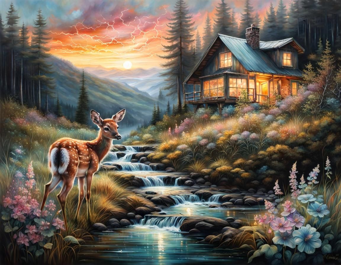 Fawn in Lush Forest with Sunset Sky