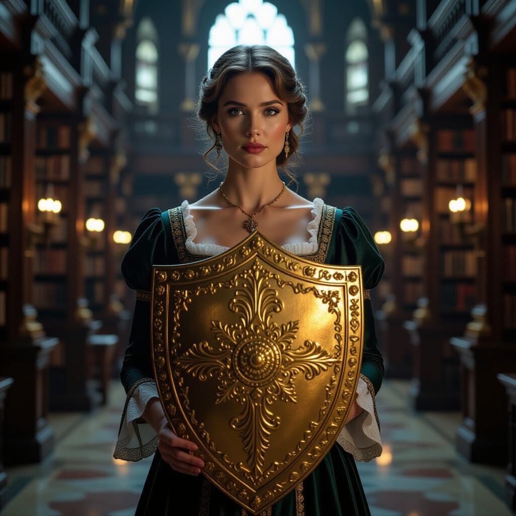 Noblewoman Displays Shield in Candlekeep Library