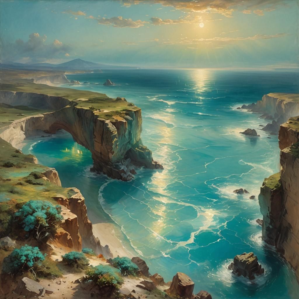 Bioluminescent Turquoise Sea at Sunset: Luminism Style