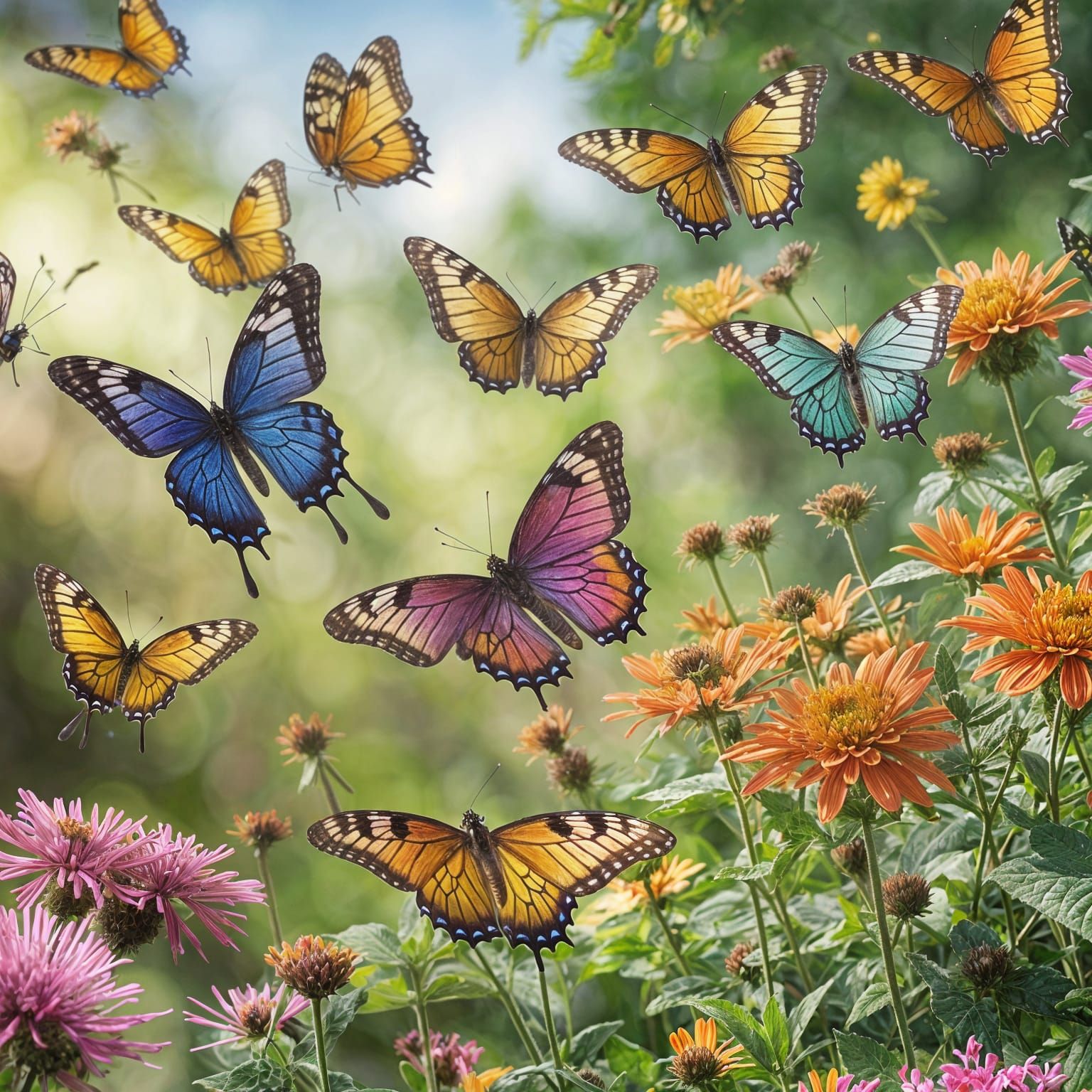 Colorful Butterflies in a Vibrant Country Garden