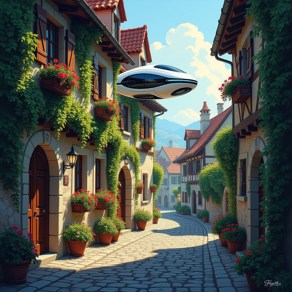 Futuristic Vehicle in Quaint European Alleyway