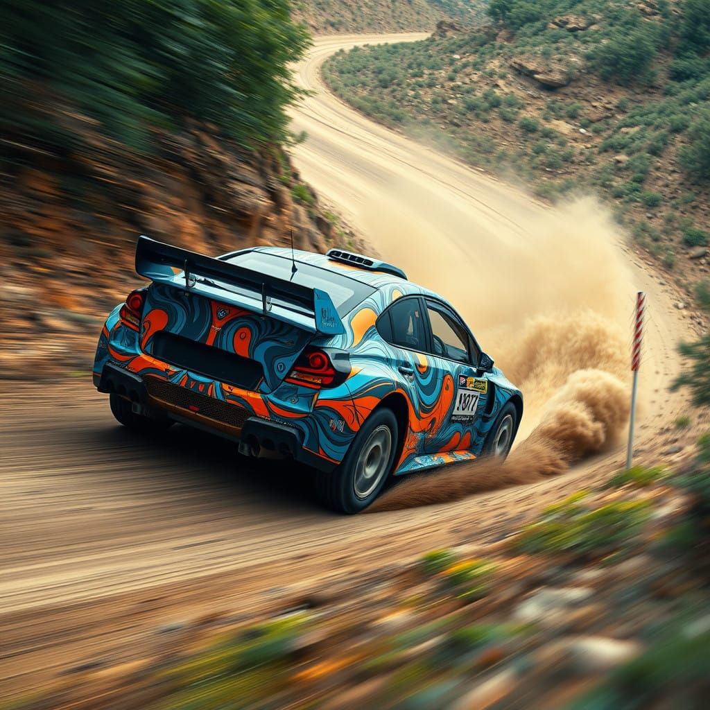 Rally car wrapped in "floreat inertia" artwork
