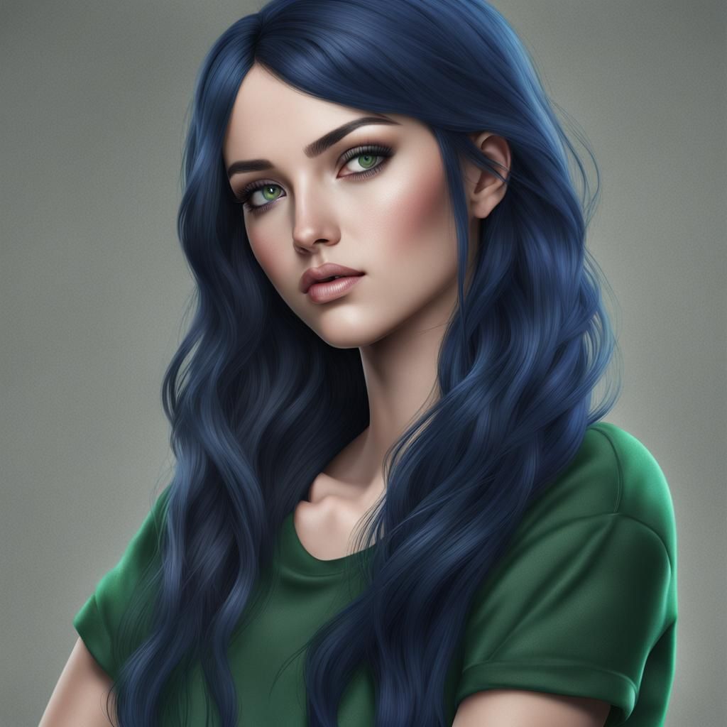Photorealistic Girl with Dark Blue Hair and Green Eyes