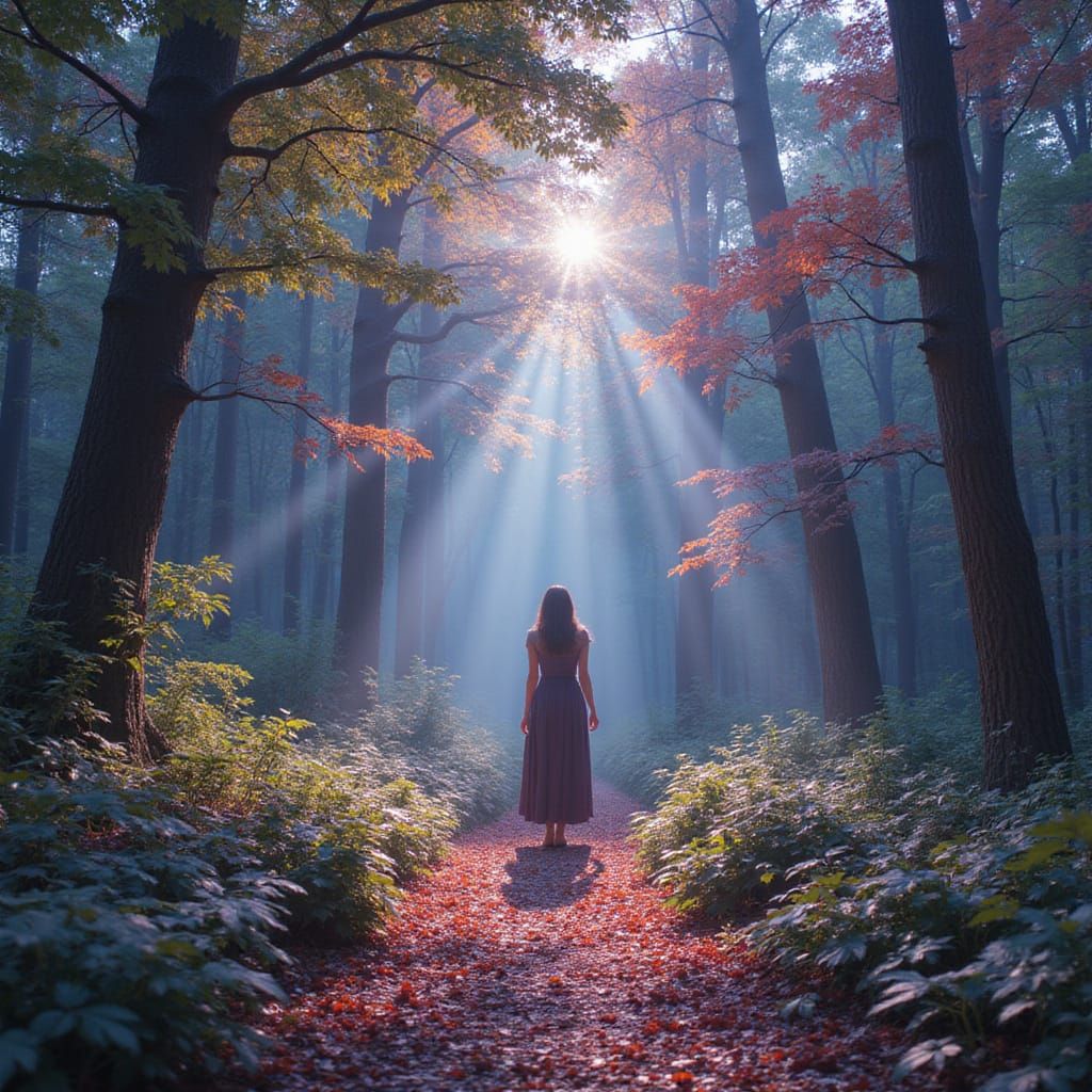 Woman in Iridescent Forest, Digital Art Style