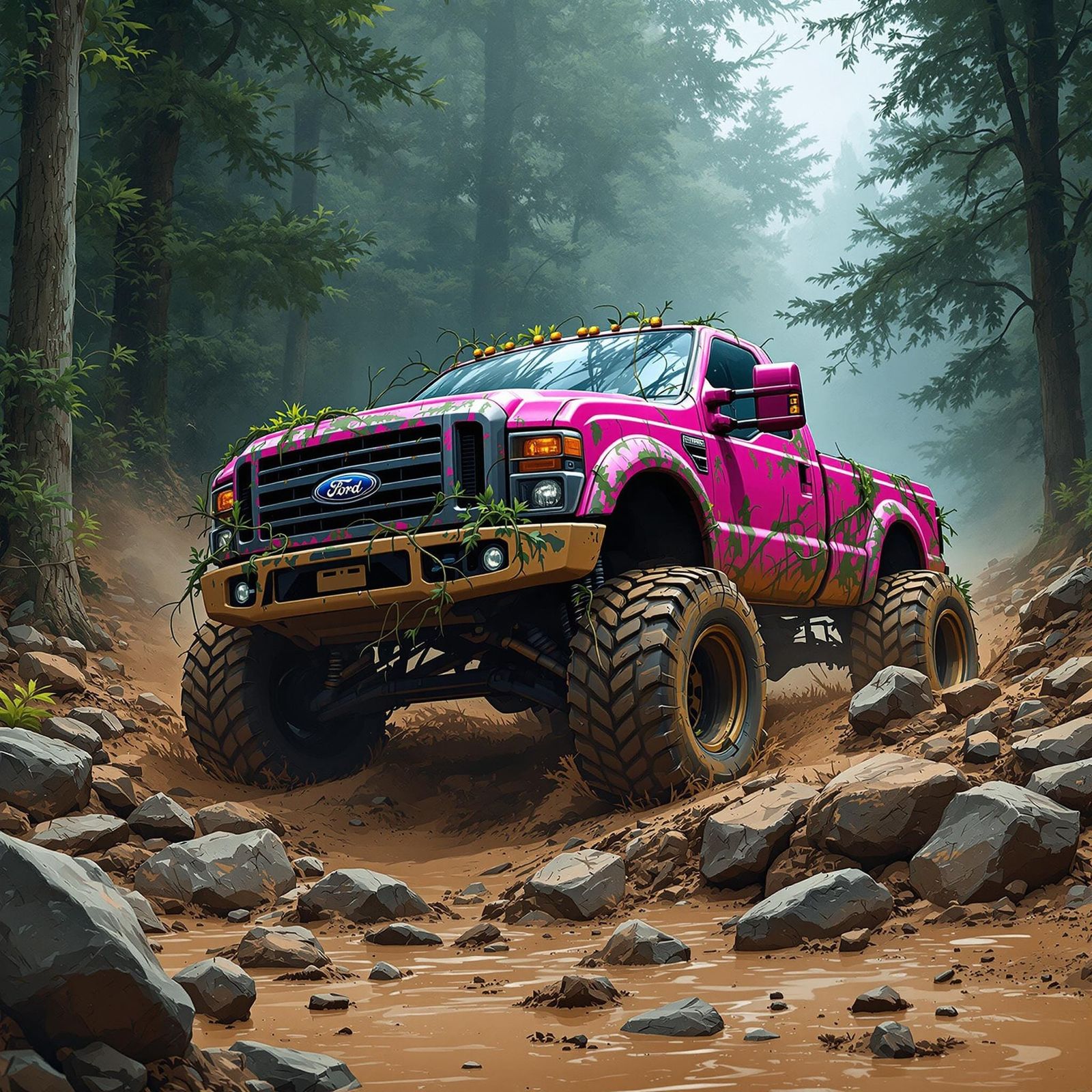 Gritty Pink Off-Roader Battles Through Muddy Terrain