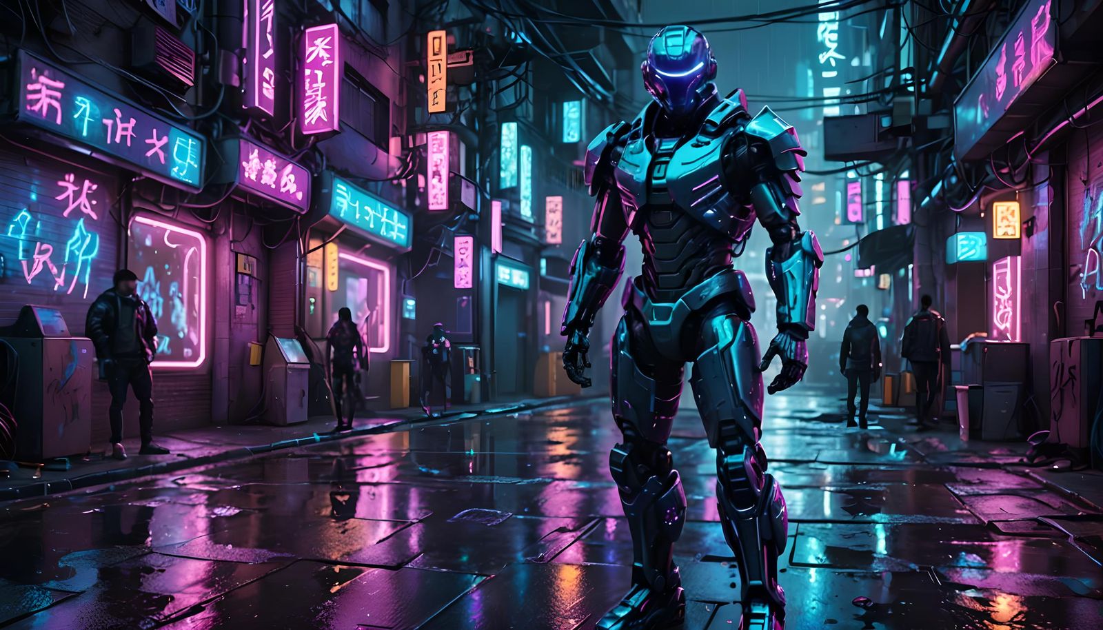 Cybernetic Warrior in Neon City, Detailed Matte Painting